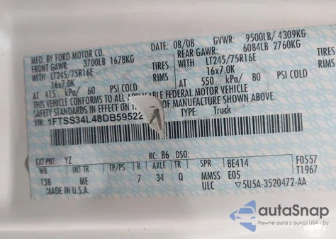 2008 Ford E-350 Super Duty Commercial/Recreational из США, поврежденный, VIN 1FTSS34L48DB59522